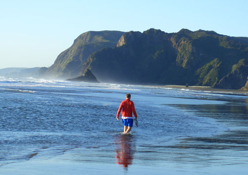 The author wading in the shallows of Karekare... The author wading in the shallows of Karekare